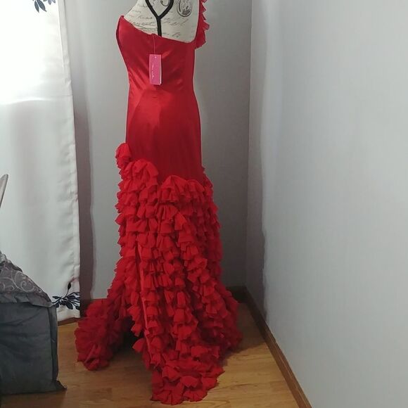 NWT Dana Mathers D1107B One Shoulder Flamenco Prom Slit Bright Red Dress 10 - Picture 4 of 9